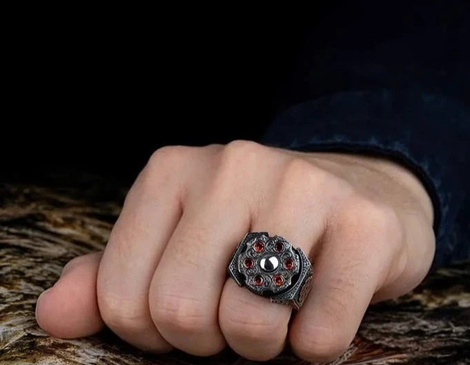 RARE PRINCE by CARAT SUTRA | Unique Designed Turkish Style Ring with 6 Stone Ruby Ring | 925 Sterling Silver Oxidized Ring | Men's Jewelry | With Certificate of Authenticity and 925 Hallmark