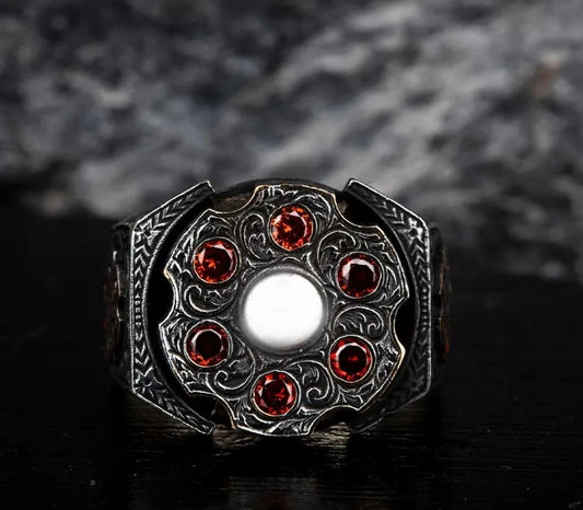 RARE PRINCE by CARAT SUTRA | Unique Designed Turkish Style Ring with 6 Stone Ruby Ring | 925 Sterling Silver Oxidized Ring | Men's Jewelry | With Certificate of Authenticity and 925 Hallmark