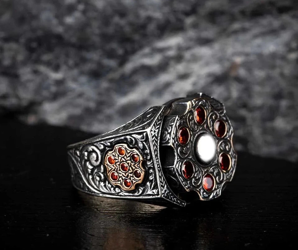 RARE PRINCE by CARAT SUTRA | Unique Designed Turkish Style Ring with 6 Stone Ruby Ring | 925 Sterling Silver Oxidized Ring | Men's Jewelry | With Certificate of Authenticity and 925 Hallmark