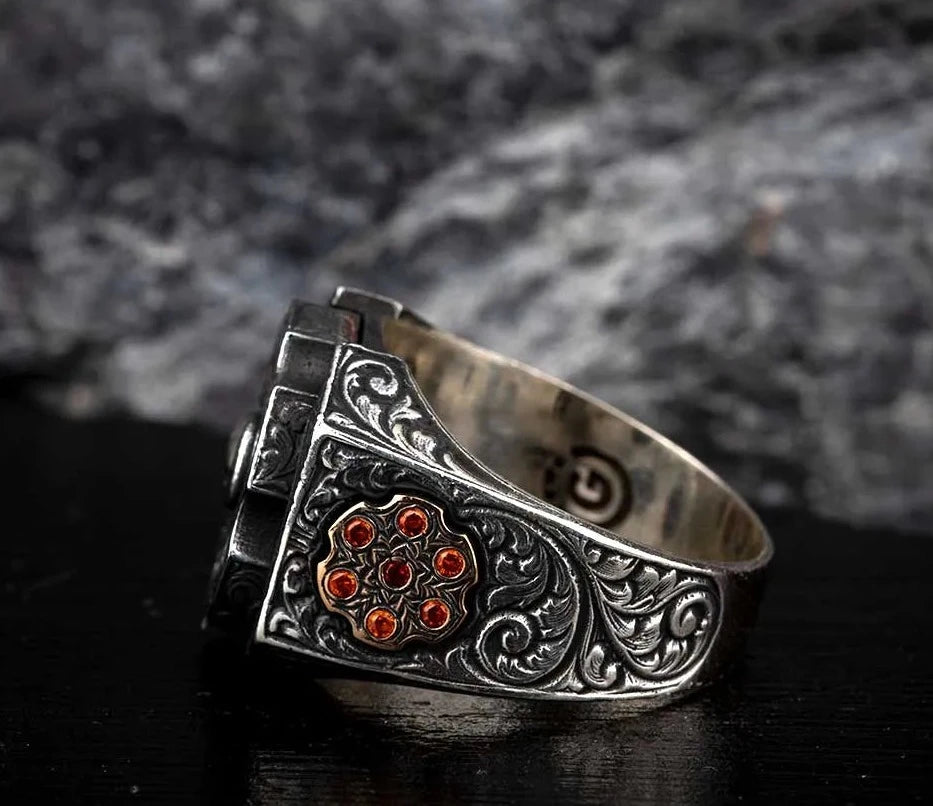 RARE PRINCE by CARAT SUTRA | Unique Designed Turkish Style Ring with 6 Stone Ruby Ring | 925 Sterling Silver Oxidized Ring | Men's Jewelry | With Certificate of Authenticity and 925 Hallmark