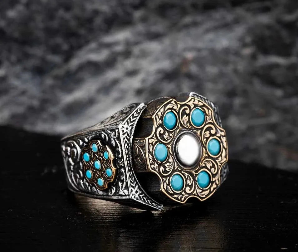 RARE PRINCE by CARAT SUTRA | Unique Designed Turkish Style Ring with 6 Stone Turquoise Ring | 925 Sterling Silver Oxidized Ring | Men's Jewelry | With Certificate of Authenticity and 925 Hallmark