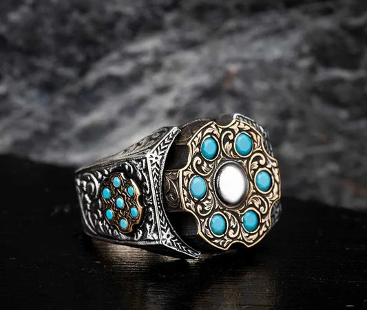 RARE PRINCE by CARAT SUTRA | Unique Designed Turkish Style Ring with 6 Stone Turquoise Ring | 925 Sterling Silver Oxidized Ring | Men's Jewelry | With Certificate of Authenticity and 925 Hallmark