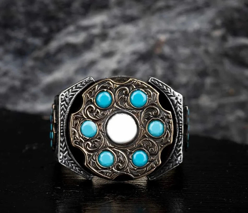 RARE PRINCE by CARAT SUTRA | Unique Designed Turkish Style Ring with 6 Stone Turquoise Ring | 925 Sterling Silver Oxidized Ring | Men's Jewelry | With Certificate of Authenticity and 925 Hallmark