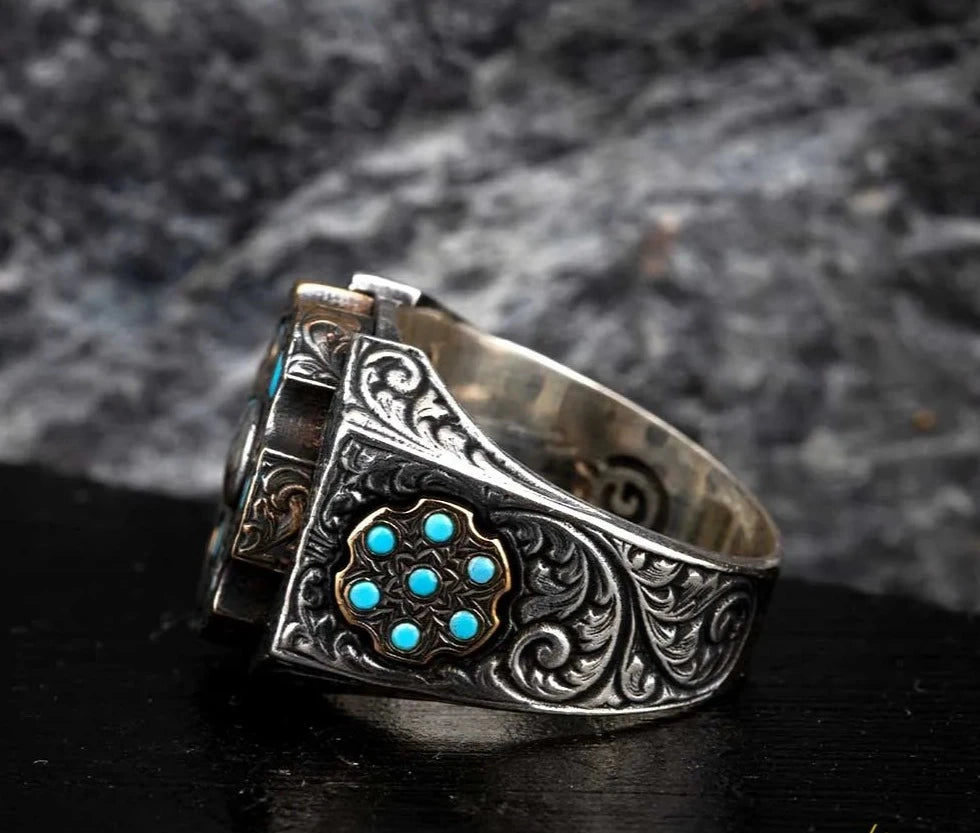 RARE PRINCE by CARAT SUTRA | Unique Designed Turkish Style Ring with 6 Stone Turquoise Ring | 925 Sterling Silver Oxidized Ring | Men's Jewelry | With Certificate of Authenticity and 925 Hallmark