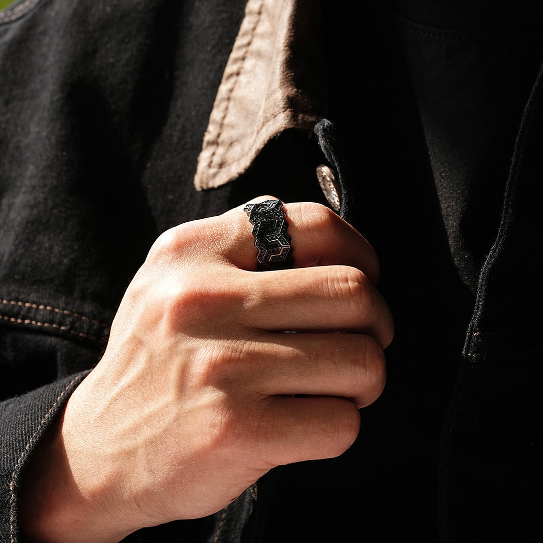 Black Rhodium coated, Armour Silver Band | 925 Sterling Silver Ring, studded with Black Swarovski stones