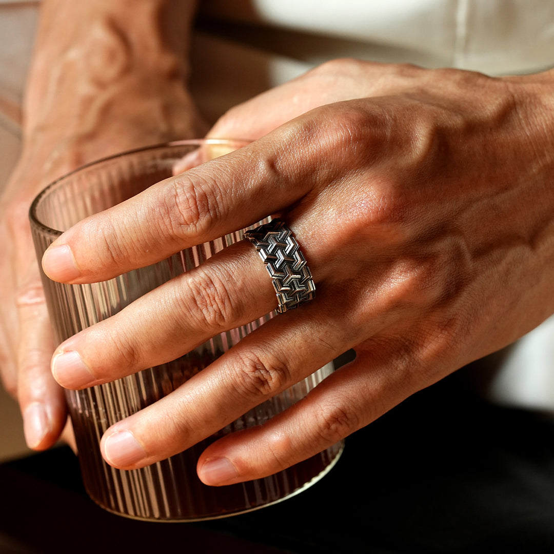 Exclusive Vintage Triple Row Band Ring for Men, Oxidized Sterling Silver 925 Ring