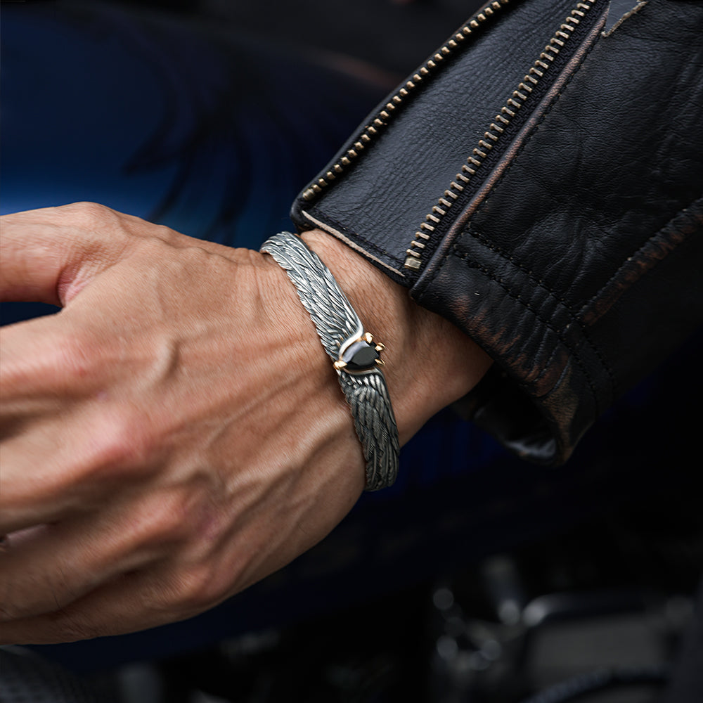 Adjustable 3D Eagle Bangle Bracelet with Natural Black Onyx Stone | 925 Sterling Silver