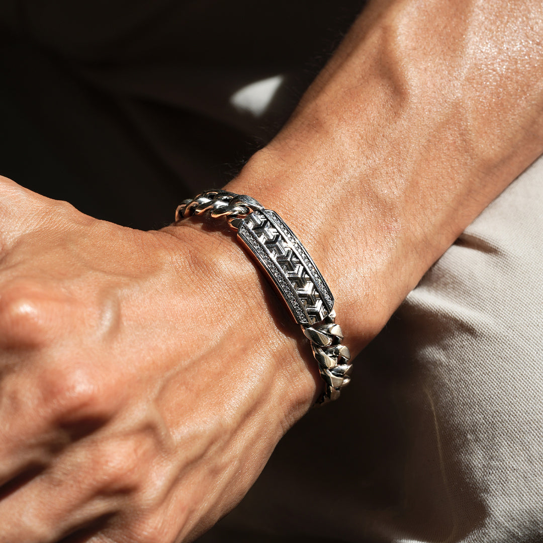 14mm Wide Solid Cuban - Armor Bracelet Studded with Swarovski Diamond | 925 Sterling Silver