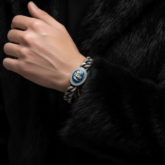 RARE PRINCE by CARAT SUTRA | Unique Style Double Headed Eagle Bracelet with Blue Enamel for Men | 925 Sterling Silver Oxidized Bracelet | Men's Jewelry | With Certificate of Authenticity and 925 Hallmark - caratsutra