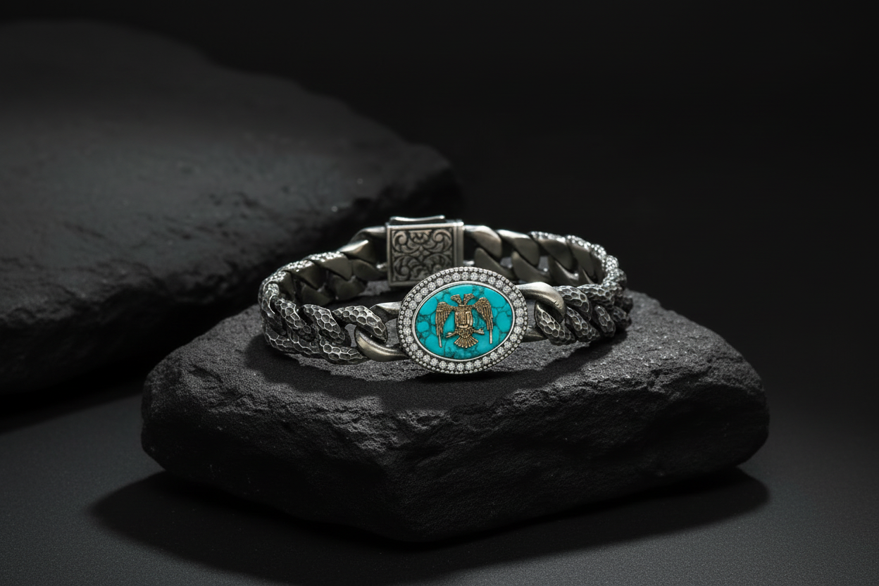 Unique Style Double Headed Eagle Bracelet with original 25ct Irani Turquoise | 925 Sterling Silver Oxidized Bracelet | With Certificate of Authenticity and 925 Hallmark - caratsutra