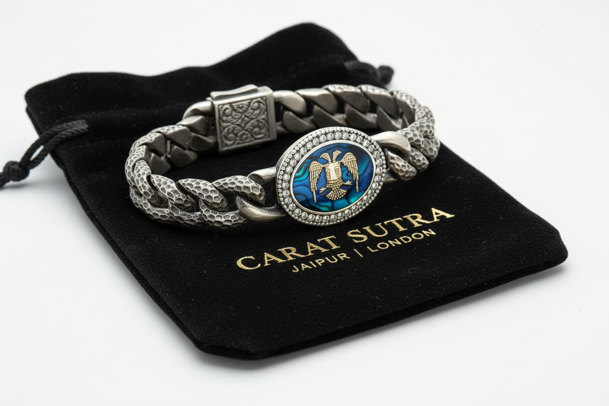 RARE PRINCE by CARAT SUTRA | Unique Style Double Headed Eagle Bracelet with Blue Enamel for Men | 925 Sterling Silver Oxidized Bracelet | Men's Jewelry | With Certificate of Authenticity and 925 Hallmark - caratsutra