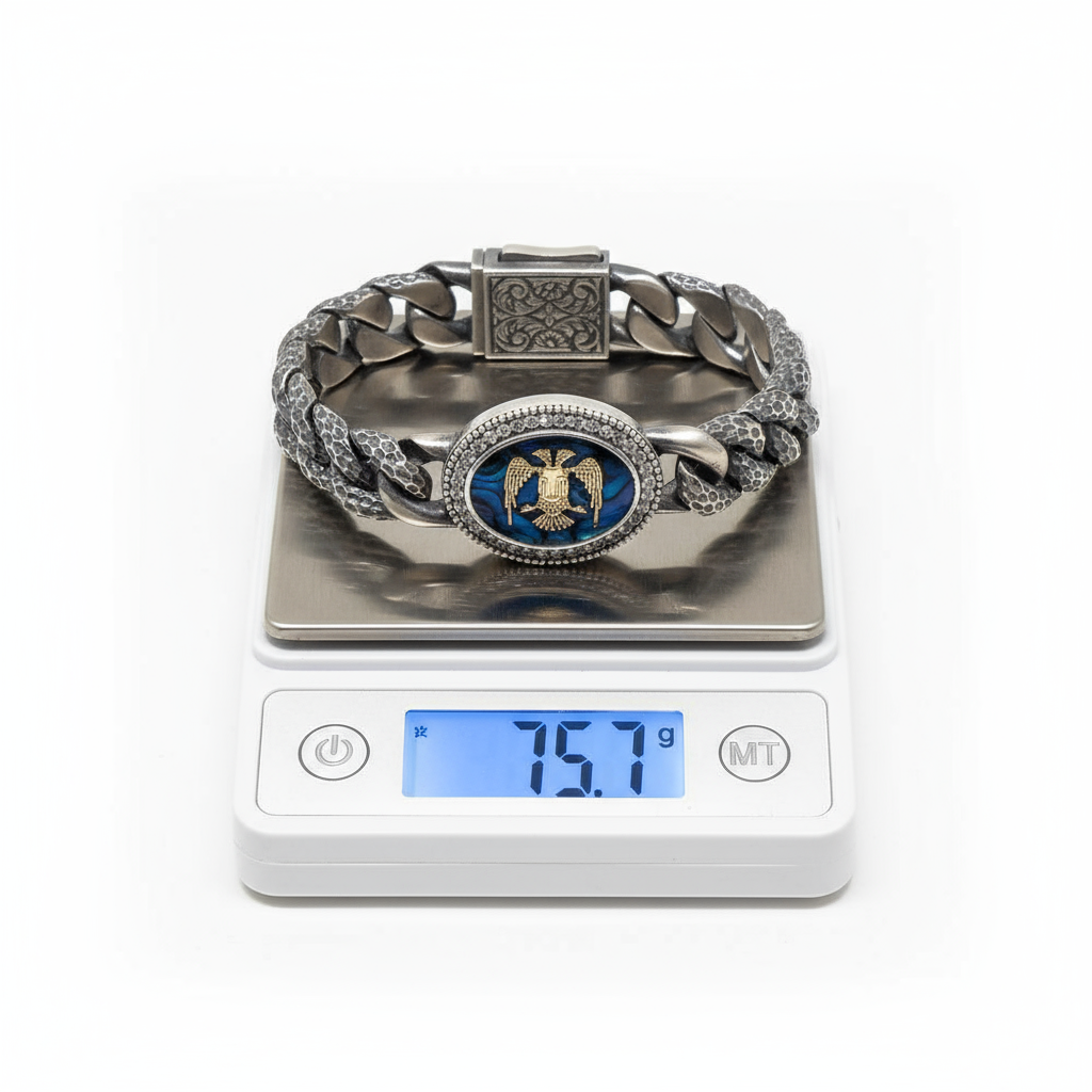 RARE PRINCE by CARAT SUTRA | Unique Style Double Headed Eagle Bracelet with Blue Enamel for Men | 925 Sterling Silver Oxidized Bracelet | Men's Jewelry | With Certificate of Authenticity and 925 Hallmark - caratsutra