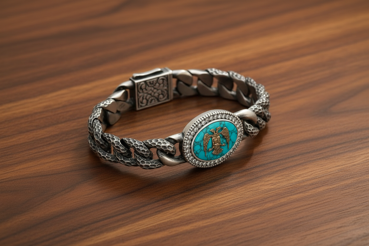 Unique Style Double Headed Eagle Bracelet with original 25ct Irani Turquoise | 925 Sterling Silver Oxidized Bracelet | With Certificate of Authenticity and 925 Hallmark - caratsutra