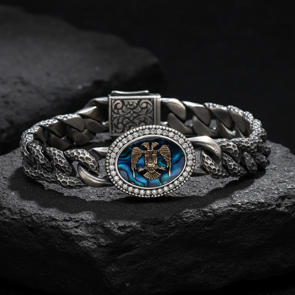 RARE PRINCE by CARAT SUTRA | Unique Style Double Headed Eagle Bracelet with Blue Enamel for Men | 925 Sterling Silver Oxidized Bracelet | Men's Jewelry | With Certificate of Authenticity and 925 Hallmark - caratsutra