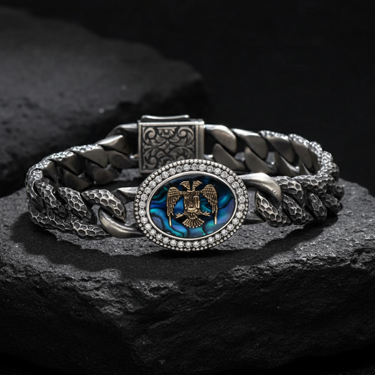 RARE PRINCE by CARAT SUTRA | Unique Style Double Headed Eagle Bracelet with Blue Enamel for Men | 925 Sterling Silver Oxidized Bracelet | Men's Jewelry | With Certificate of Authenticity and 925 Hallmark - caratsutra