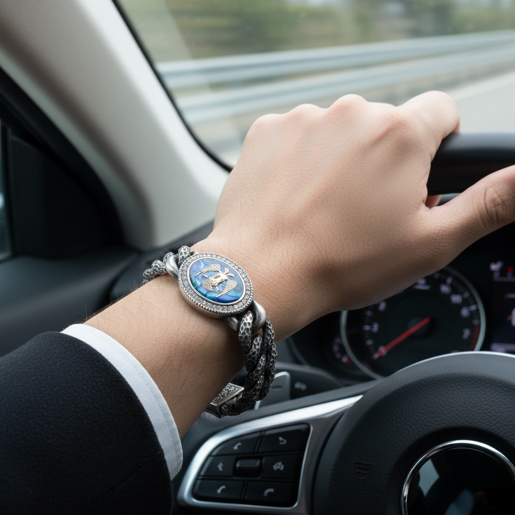 RARE PRINCE by CARAT SUTRA | Unique Style Double Headed Eagle Bracelet with Blue Enamel for Men | 925 Sterling Silver Oxidized Bracelet | Men's Jewelry | With Certificate of Authenticity and 925 Hallmark - caratsutra