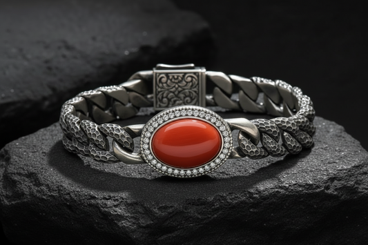 RARE PRINCE by CARAT SUTRA | Unique Style Natural Red Coral Bracelet | 925 Sterling Silver Oxidized Bracelet | With Certificate of Authenticity and 925 Hallmark