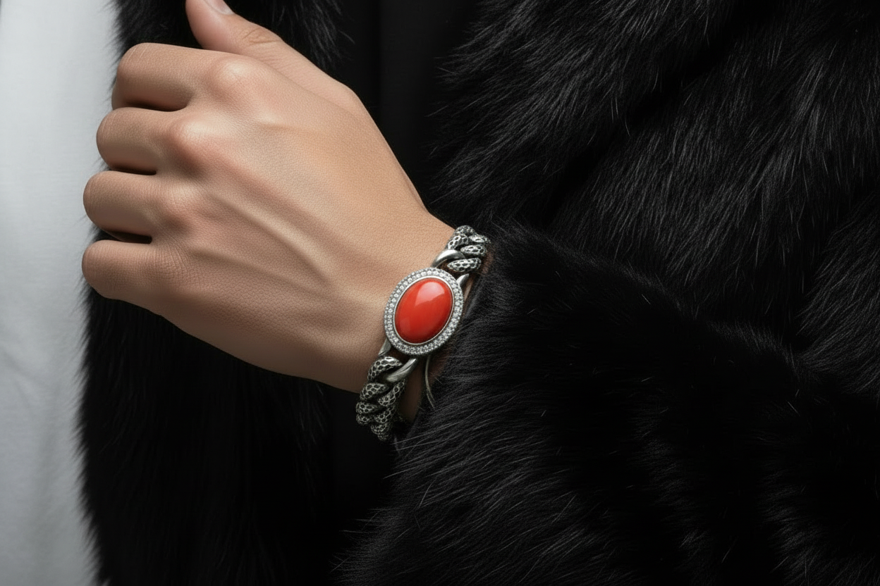 RARE PRINCE by CARAT SUTRA | Unique Style Natural Red Coral Bracelet | 925 Sterling Silver Oxidized Bracelet | With Certificate of Authenticity and 925 Hallmark