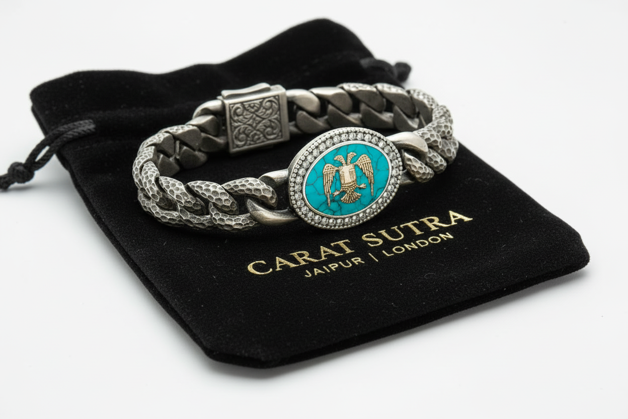 Unique Style Double Headed Eagle Bracelet with original 25ct Irani Turquoise | 925 Sterling Silver Oxidized Bracelet | With Certificate of Authenticity and 925 Hallmark - caratsutra