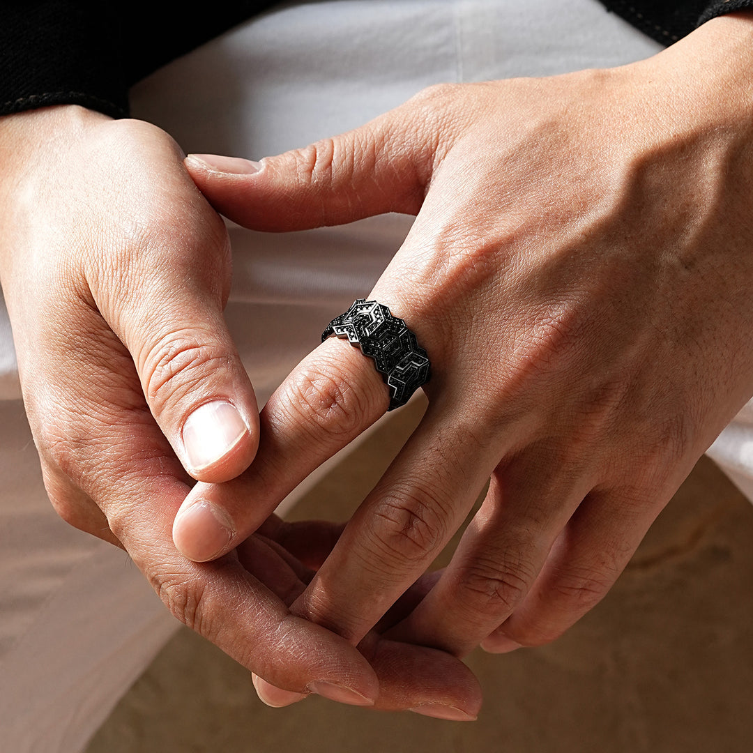 Black Rhodium coated, Armour Silver Band | 925 Sterling Silver Ring, studded with Black Swarovski stones