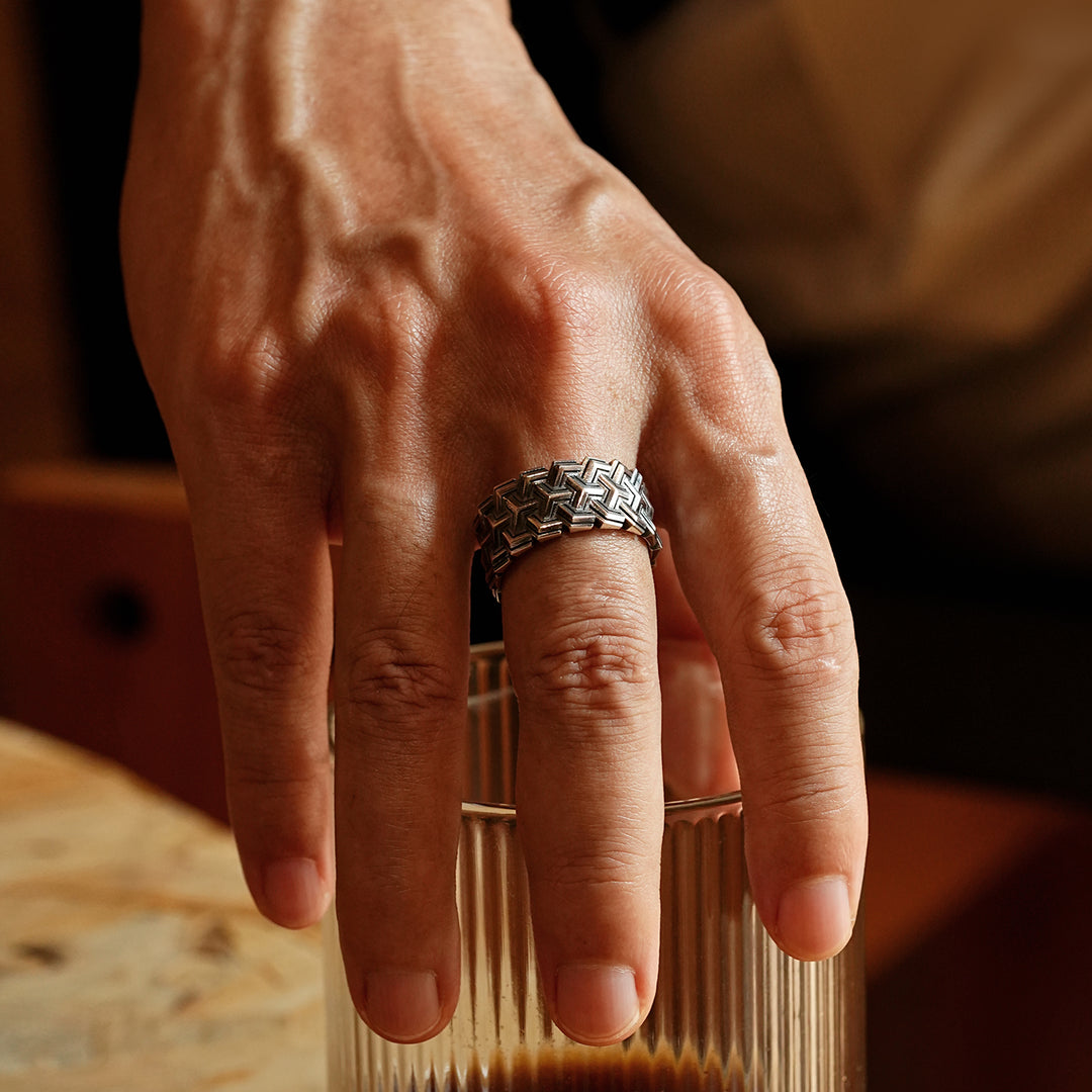 Exclusive Vintage Triple Row Band Ring for Men, Oxidized Sterling Silver 925 Ring