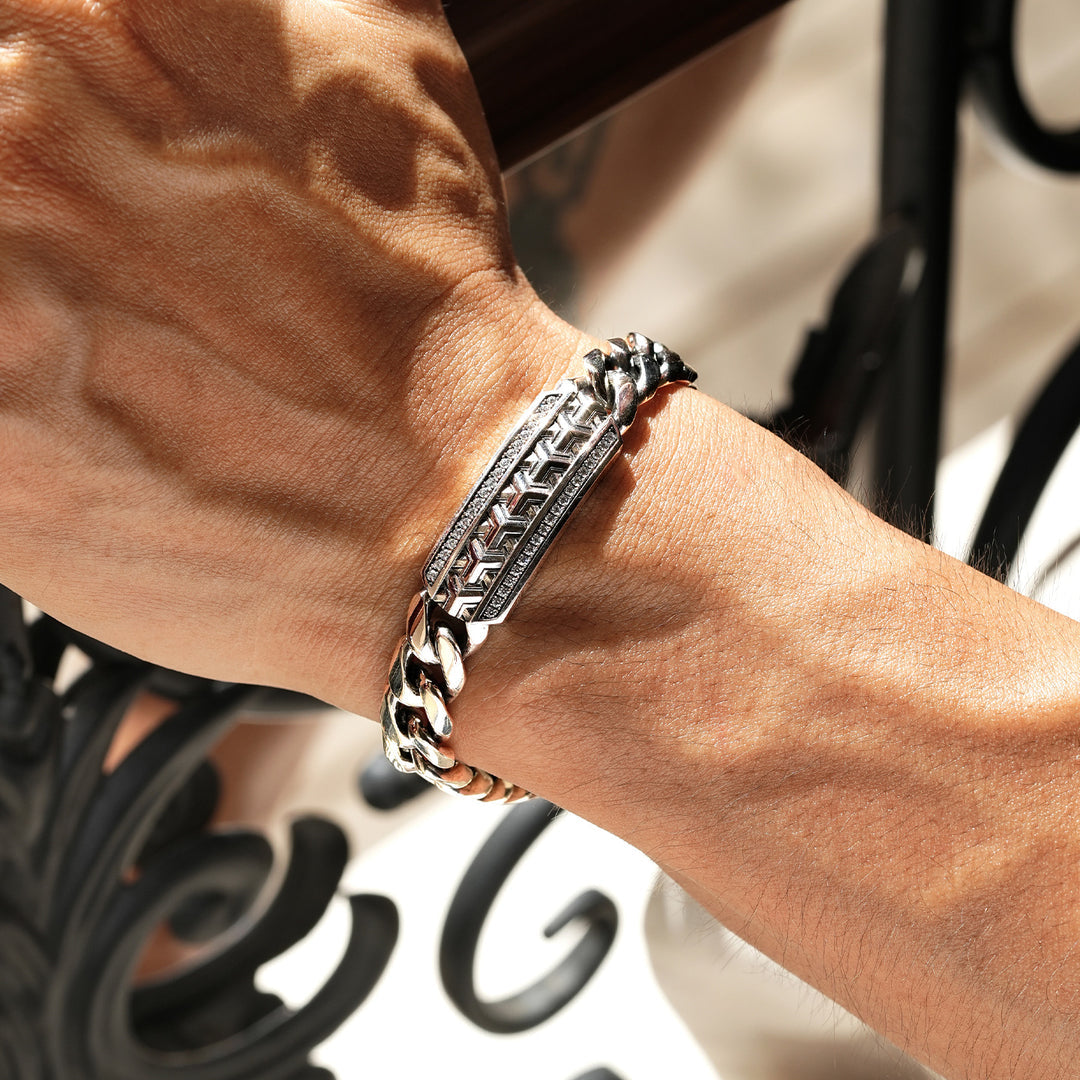 14mm Wide Solid Cuban - Armor Bracelet Studded with Swarovski Diamond | 925 Sterling Silver