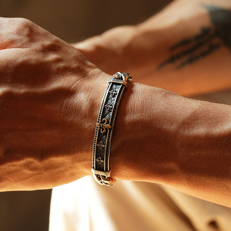 14mm wide, Unique Fleur-De-Lis Cuban Link Bracelet for Men | Oxidized 925 Silver Bracelet