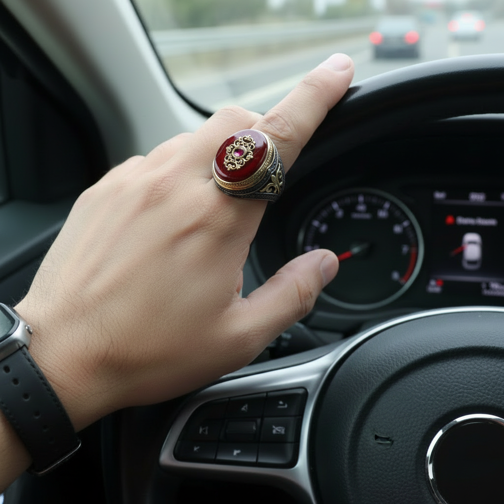 RARE PRINCE by CARAT SUTRA | Unique Turkish Style Ring with Natural Red Agate | Black Rhodium & Gold Plated 925 Sterling Silver Ring | Men's Jewelry | With Certificate of Authenticity and 925 Hallmark