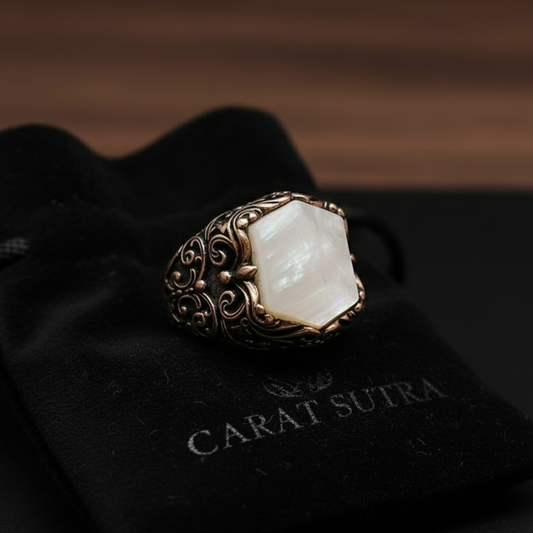 RARE PRINCE by CARAT SUTRA | Unique Turkish Style Ring with Natural Pearl | 925 Sterling Silver Oxidized Ring | Men's Jewelry | With Certificate of Authenticity and 925 Hallmark