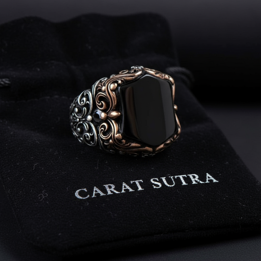 RARE PRINCE by CARAT SUTRA | Unique Turkish Style Ring with Natural Black Onyx | 925 Sterling Silver Oxidized Ring | Men's Jewelry | With Certificate of Authenticity and 925 Hallmark - caratsutra
