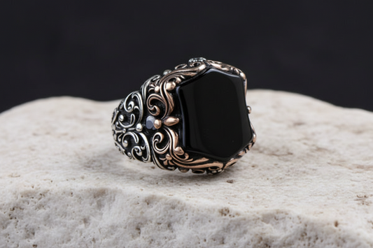 Unique Turkish Style Ring with Natural Black Onyx | 925 Sterling Silver Oxidized Ring | Men's Jewelry | With Certificate of Authenticity and 925 Hallmark