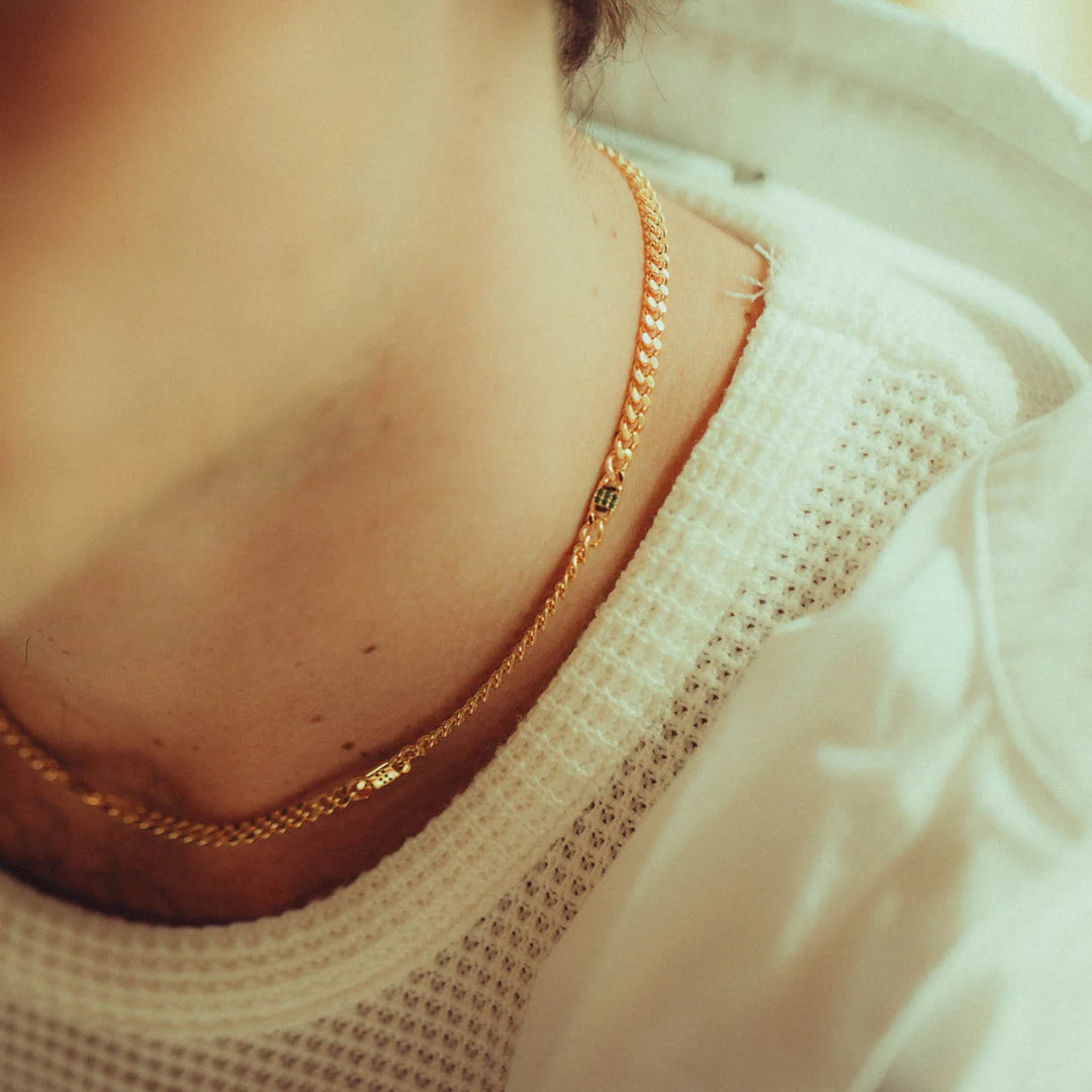 RARE PRINCE by CARAT SUTRA | Minimalist Solid 4mm Cuban Link Chain studded with Natural Emeralds | 925 Sterling Silver Chain | With Certificate of Authenticity and 925 Hallmark