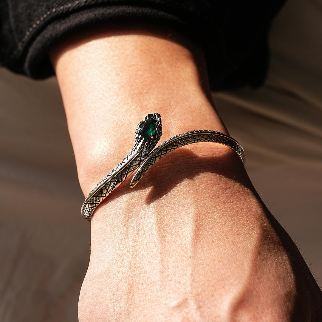 Adjustable 3D Snake Bangle Bracelet with Natural Emerald Stone Eyes | 925 Sterling Silver