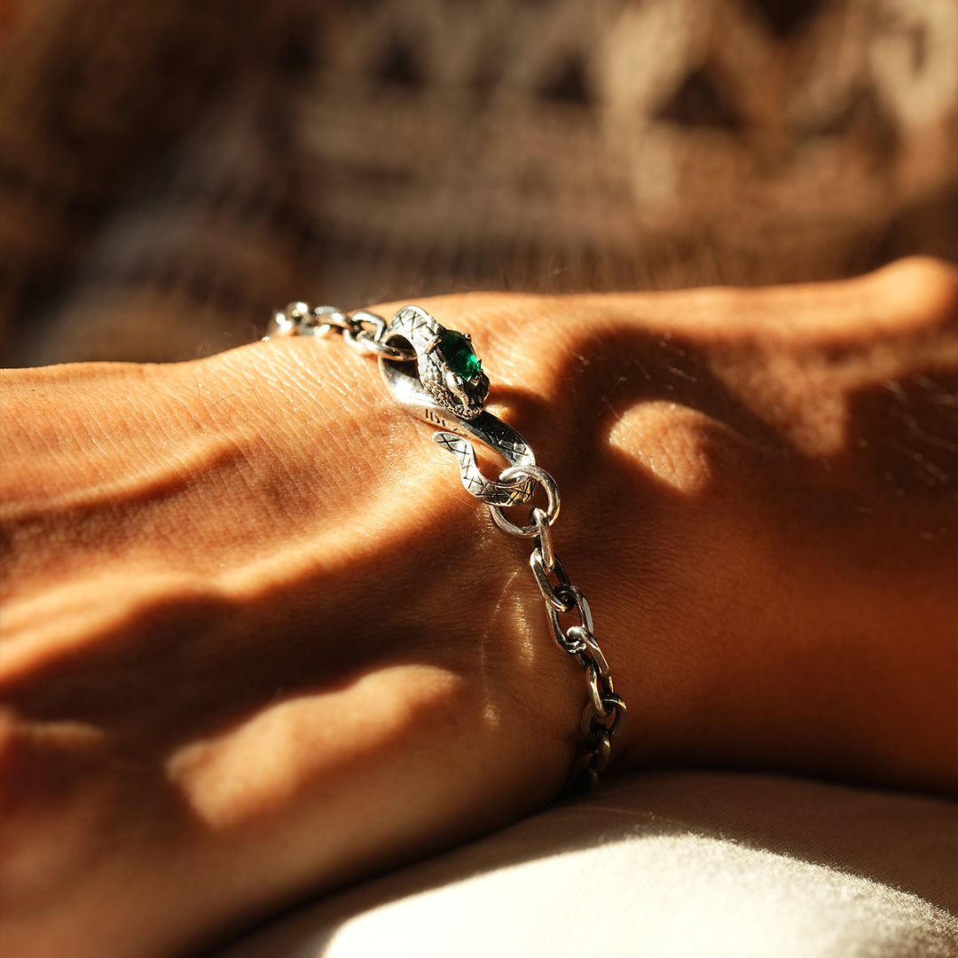 Adjustable 3D Snake Bangle Bracelet with Natural Emerald Stone Eyes | 925 Sterling Silver