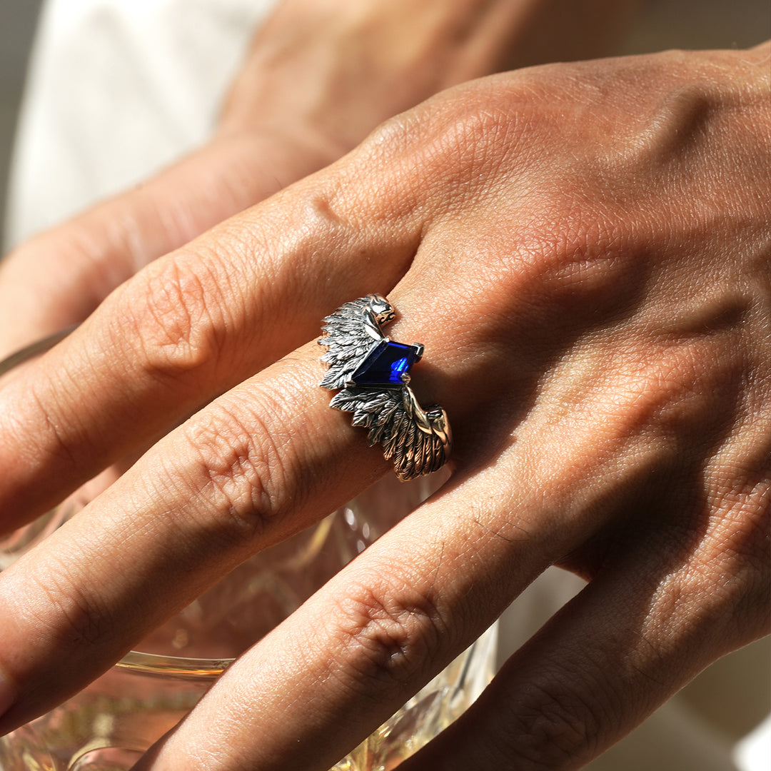 RARE PRINCE by CARAT SUTRA | Exclusive Adjustable Feather Band studded with Natural Blue Sapphire, Oxidized Sterling Silver 925 Ring | With Certificate of Authenticity and 925 Hallmark