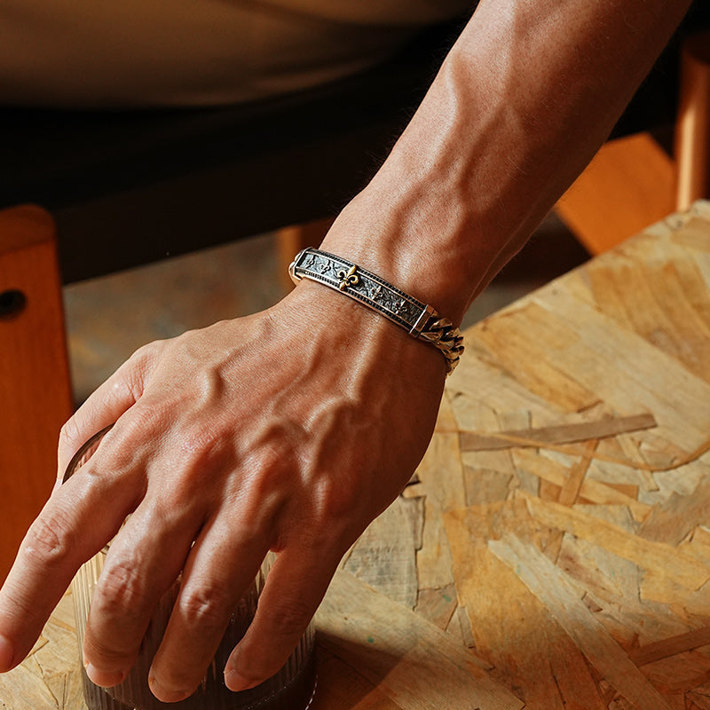 14mm wide, Unique Fleur-De-Lis Cuban Link Bracelet for Men | Oxidized 925 Silver Bracelet
