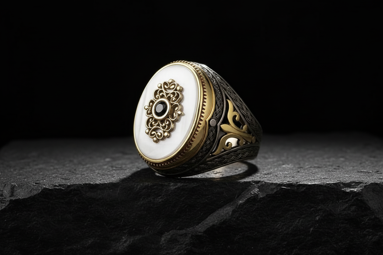 RARE PRINCE by CARAT SUTRA | Unique Turkish Style Ring with Natural Pearl | Black Rhodium & Gold Plated 925 Sterling Silver Ring | Men's Jewelry | With Certificate of Authenticity and 925 Hallmark - caratsutra