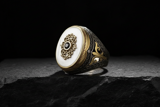 RARE PRINCE by CARAT SUTRA | Unique Turkish Style Ring with Natural Pearl | Black Rhodium & Gold Plated 925 Sterling Silver Ring | Men's Jewelry | With Certificate of Authenticity and 925 Hallmark - caratsutra