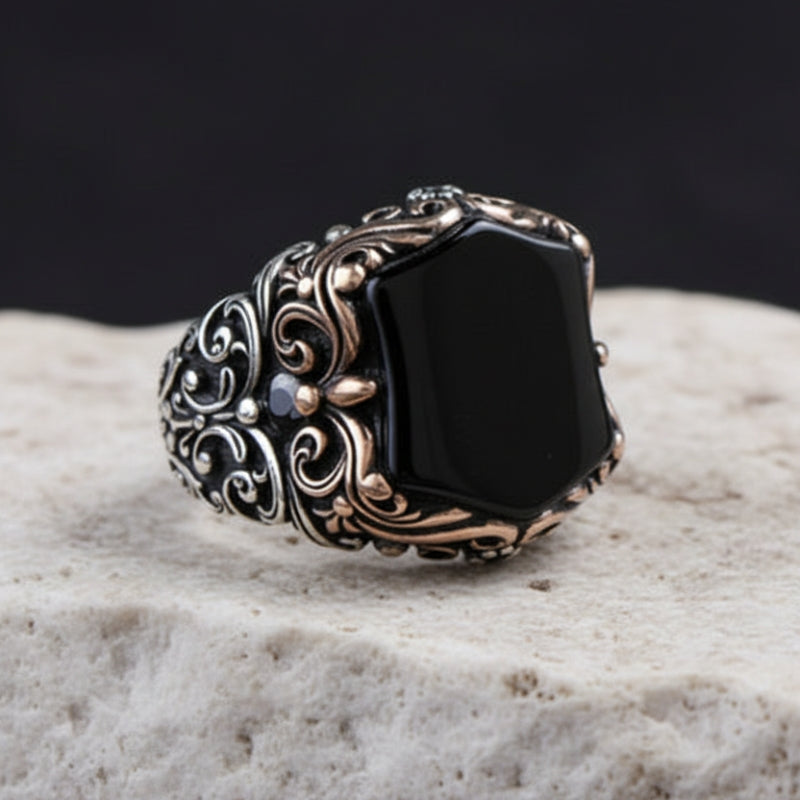 Unique Turkish Style Ring with Natural Black Onyx | 925 Sterling Silver Oxidized Ring | Men's Jewelry | With Certificate of Authenticity and 925 Hallmark - caratsutra