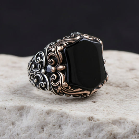 Unique Turkish Style Ring with Natural Black Onyx | 925 Sterling Silver Oxidized Ring | Men's Jewelry | With Certificate of Authenticity and 925 Hallmark
