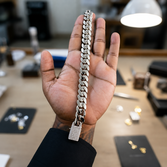 RARE PRINCE by CARAT SUTRA | Solid 16mm Miami Cuban Link Bracelet with Iced Lock | 22kt Gold Micron Plated on 925 Sterling Silver Bracelet with AAA+ Quality Swarovski Diamonds | Men's Jewelry | With Certificate of Authenticity and 925 Hallmark - caratsutra