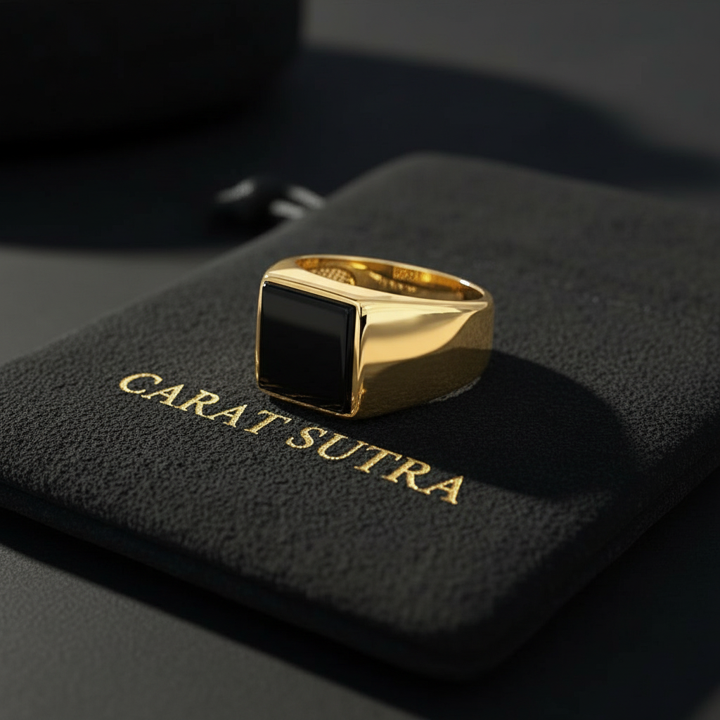 RARE PRINCE by CARAT SUTRA | Exclusive Classic Gold Signet Statement Ring with Natural Black Onyx/ Red Agate, Sterling Silver 925 Ring | Jewellery for Men| With Certificate of Authenticity and 925 Hallmark