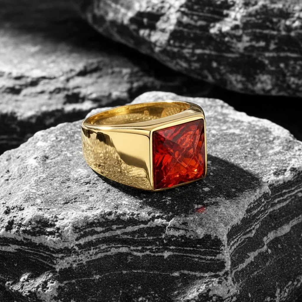 RARE PRINCE by CARAT SUTRA | Exclusive Classic Gold Signet Statement Ring with Faceted Black Zircon/ Red Zircon, Sterling Silver 925 Ring | Jewellery for Men| With Certificate of Authenticity and 925 Hallmark