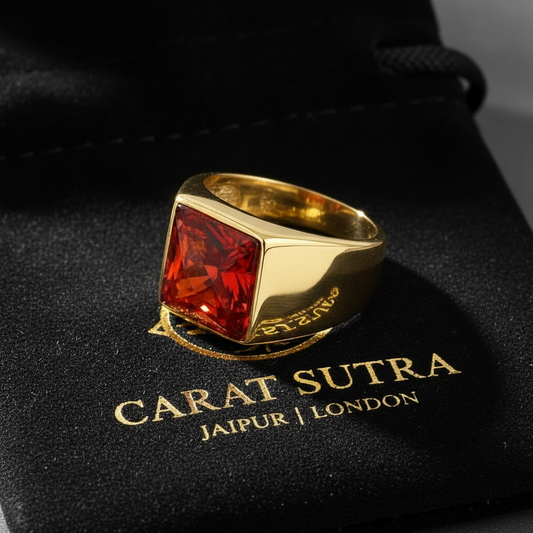 RARE PRINCE by CARAT SUTRA | Exclusive Classic Gold Signet Statement Ring with Faceted Black Zircon/ Red Zircon, Sterling Silver 925 Ring | Jewellery for Men| With Certificate of Authenticity and 925 Hallmark - caratsutra