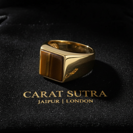 RARE PRINCE by CARAT SUTRA | Exclusive Classic Gold Signet Statement Ring with Natural Pearl/ Tiger Eye, Sterling Silver 925 Ring | Jewellery for Men| With Certificate of Authenticity and 925 Hallmark