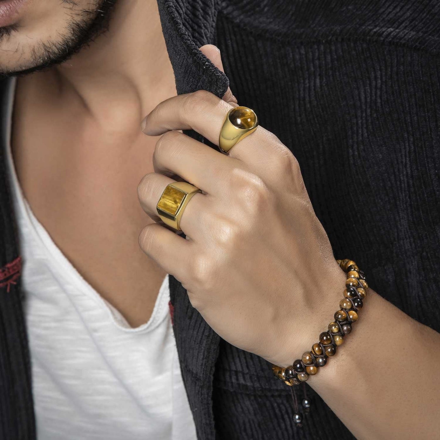 RARE PRINCE by CARAT SUTRA | Exclusive Classic Gold Signet Statement Ring with Natural Pearl/ Tiger Eye, Sterling Silver 925 Ring | Jewellery for Men| With Certificate of Authenticity and 925 Hallmark - caratsutra