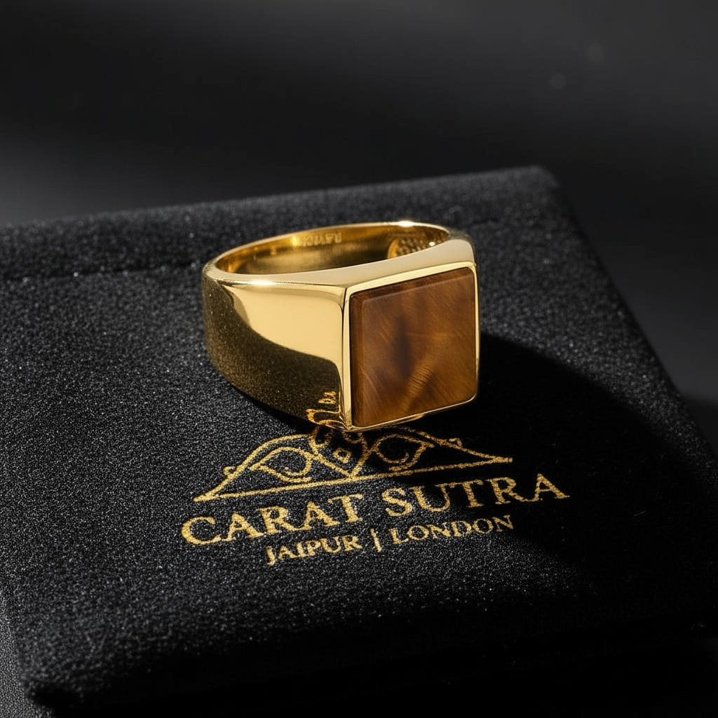 RARE PRINCE by CARAT SUTRA | Exclusive Classic Gold Signet Statement Ring with Natural Pearl/ Tiger Eye, Sterling Silver 925 Ring | Jewellery for Men| With Certificate of Authenticity and 925 Hallmark