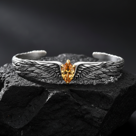 Adjustable 3D Eagle Bangle Bracelet with Natural Citrine (Sunela) Stone | 925 Sterling Silver