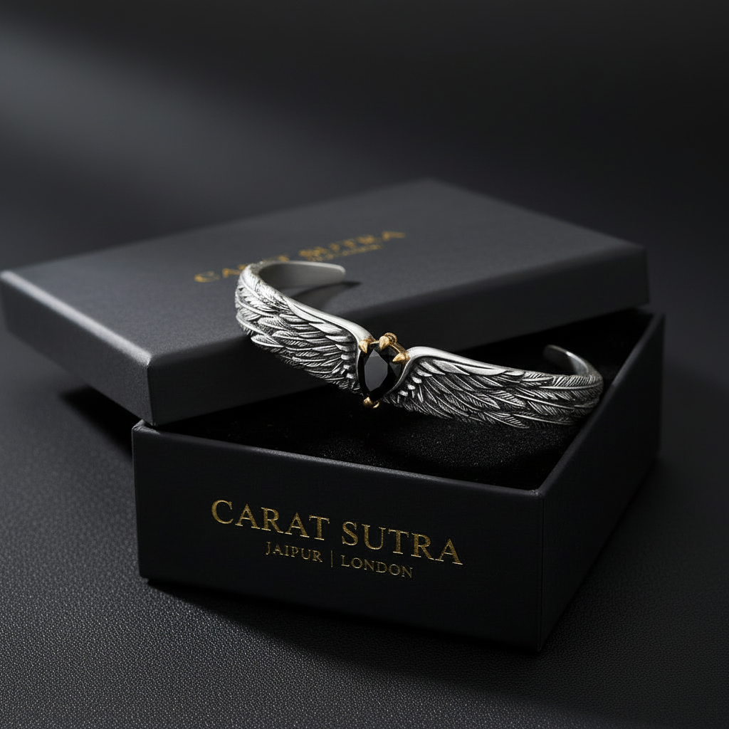 Adjustable 3D Eagle Bangle Bracelet with Natural Black Onyx Stone | 925 Sterling Silver