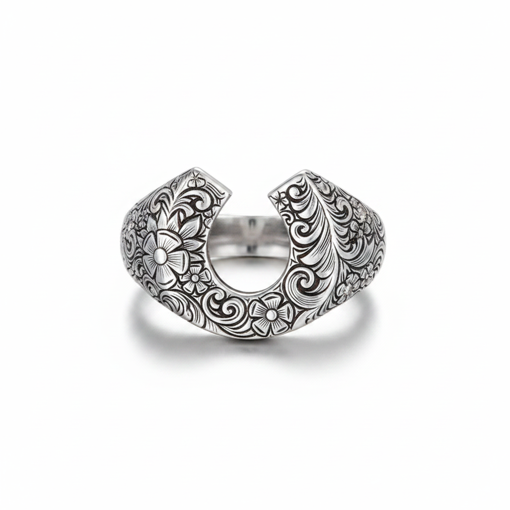 Hand-Engraved Vintage Horse Shoe Oxidized Ring | Sterling Silver 925 Ring